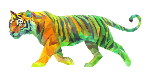 Obraz premium Tiger with green and yellow glowing stripes and geometric motifs, low poly on a white background.