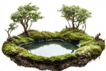 Magical floating forest with a small lake in the center, on white background