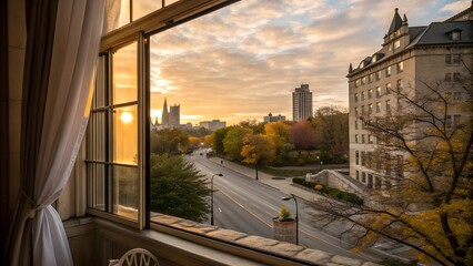 Fototapeta premium Scenic view from an open window overlooking a peaceful city street during autumn sunrise. Colorful trees and historic architecture create a serene and picturesque urban atmosphere.