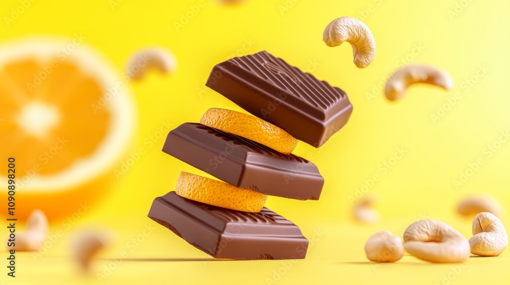 Poster a stack of chocolate bars with a slice of orange on top. the image has a playful and whimsical mood,