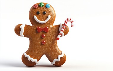 Fototapeta premium 3D Christmas gingerbread man character with icing decorations, smiling warmly and holding a small candy cane, vibrant colors on a white background