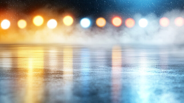 Vibrant city lights reflected on a wet surface during a rainy night