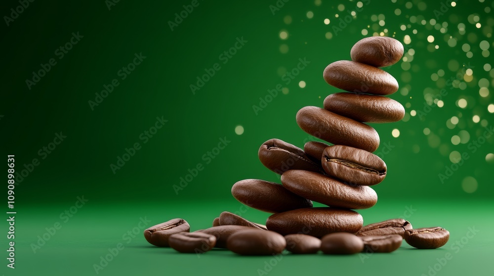 Poster a stack of coffee beans on a green background. the beans are piled on top of each other, creating a 