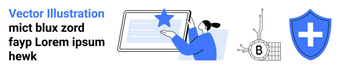 Obraz premium Person interacting with touchscreen, Bitcoin blockchain element, shield with cross symbol. Ideal for tech tutorials, cybersecurity, digital management, blockchain technology, educational content