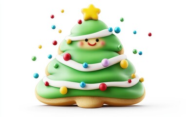3D Christmas tree cookie character with green frosting, colorful sprinkle ornaments, and a cheerful expression, bright and festive on a white background 