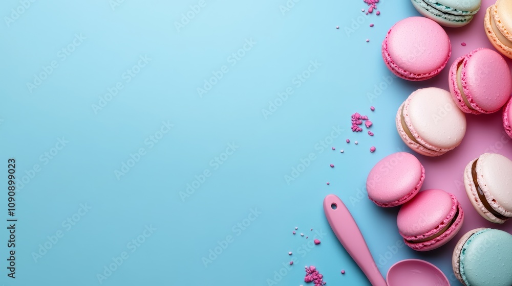 Poster a blue background with pink and white macarons and a pink spoon. the macarons are arranged in a row 