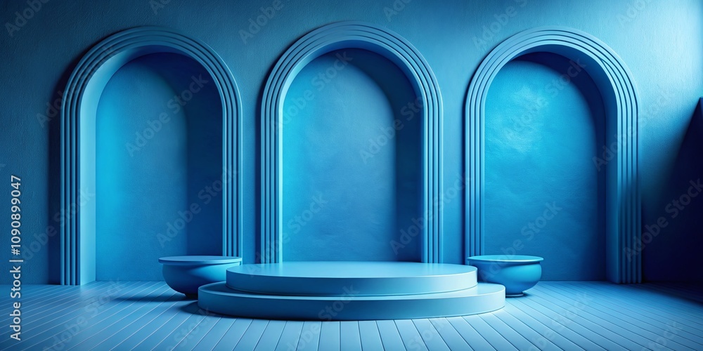 Aufkleber serene blue podium with elegant arches for product display, perfectly positioned with ample copy spa