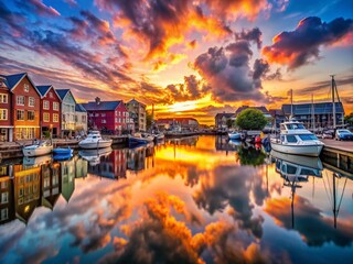 Fototapeta premium Serene City Harbour at Sunset: A Captivating Landscape of Lush Waterfronts, Dazzling Lights, and Reflective Waters in a Vibrant Urban Setting