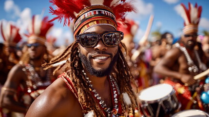 Low-angle view of a drummer in traditional costume at Notting Hill Carnival, lively and rhythmic