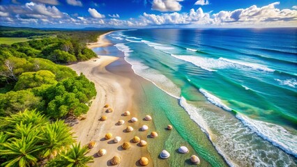 Obraz premium Serene Coastal Landscape with Crystal Clear Waters and Soft Sandy Beach Under Bright Blue Sky, Perfect for Relaxation and Vacation Inspiration