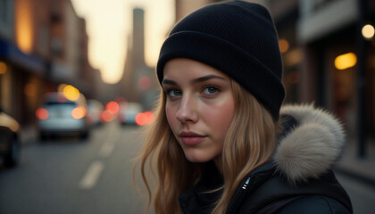 Obraz premium Young woman gazing thoughtfully on a city street at sunset 