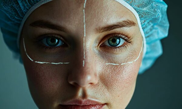 Woman looking on camera with lines on her face ready for aesthetic surgery operation - Medical beauty trend concept - Model by AI generative