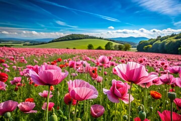 Obraz premium Serene Field of Pink Poppies Under a Clear Blue Sky - Beautiful Nature Wallpaper for Tranquil Home Decor