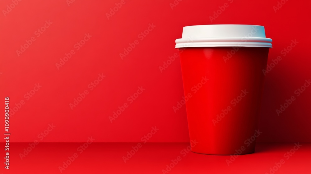 Poster a red coffee cup with a white lid sits on a red background. the cup is empty and the background is a