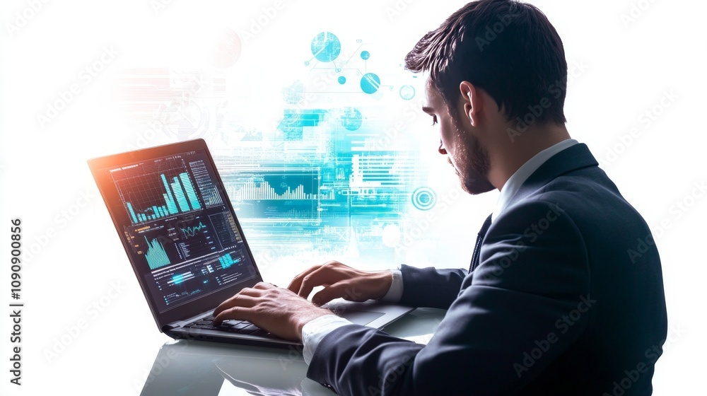 Poster a businessman working remotely on a laptop, with charts and data displayed on the screen, isolated o