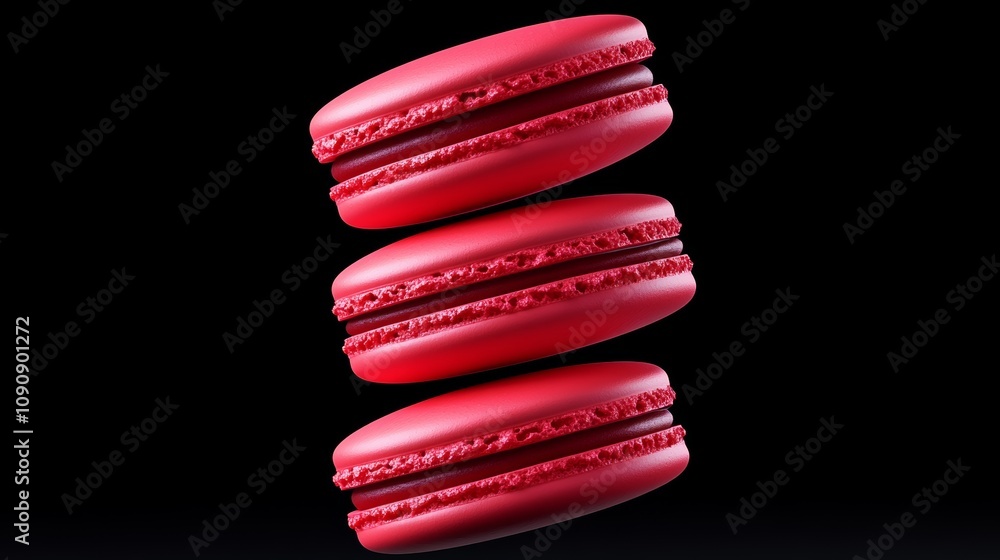 Poster three red macarons stacked on top of each other. the macarons are red and have a chocolate filling. 