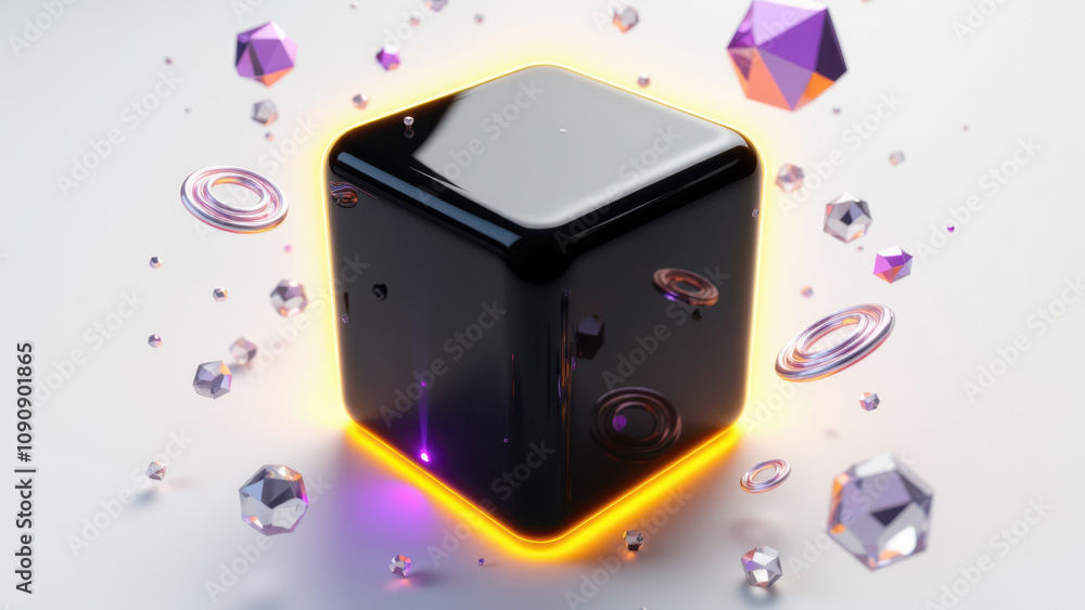 Poster a futuristic 3d rendering of a mysterious ai cube with digital particles and neon accents, represent