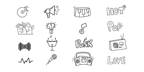 Fototapeta premium Music theme doddle set,Hand drawn sound scribble design collection pack,pop music editable icon, flat image related sound set.