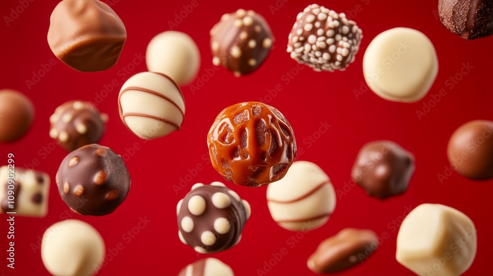 Poster a close up of many different types of chocolates, some of which are white and some of which are brow