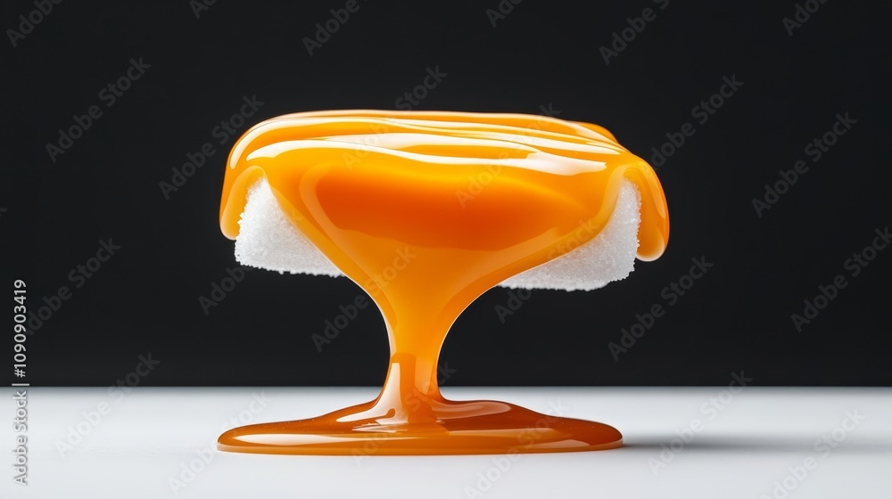 Poster a blob of caramel drips down from a cake. the cake is sitting on a white table