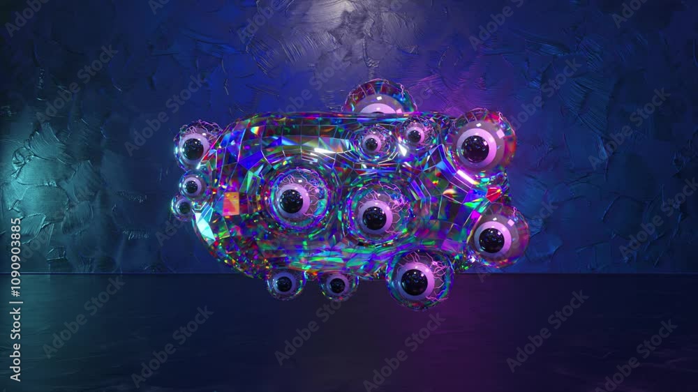 Poster multicolored crystal object with many eyes is floating in an empty room with blue walls and a shiny 
