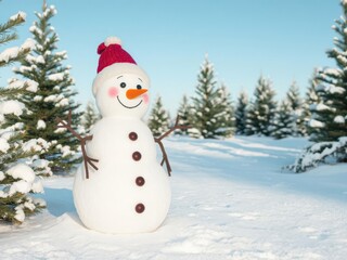 Fototapeta premium Happy snowman standing in a winter wonderland scene with pine trees and snow-covered ground, under a clear blue sky, seasonal