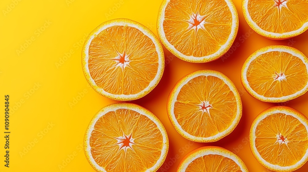 Poster A close up of several oranges with the center one cut in half. The oranges are arranged in a row on a yellow background