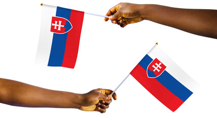 Outstretched Black african Hands holding Slovakia national flag isolated over white background,...