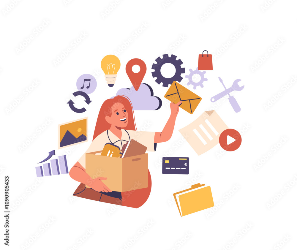Poster businesswoman character working with digital business data in virtual space and cloud computing