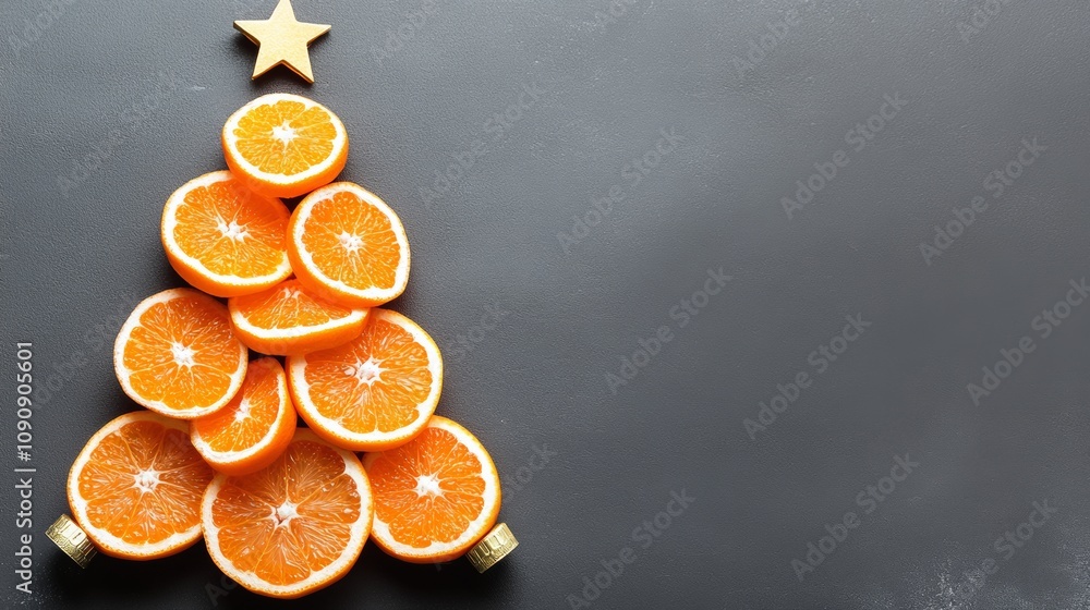 Poster a christmas tree made of oranges. the oranges are sliced and arranged in a pyramid shape. the image 