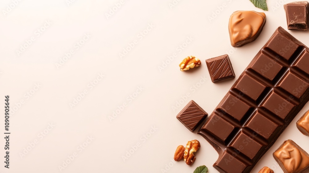 Poster a chocolate bar with nuts on top of it. the image has a warm and inviting mood. the chocolate bar is