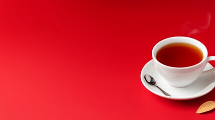 A white cup of tea sits on a red background. The cup is placed on a saucer and has a spoon in it. Concept of relaxation and comfort, as tea is often associated with calming moments
