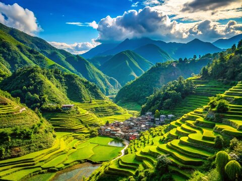 Silhouetted Peaks of Sagada: A Breathtaking View of the Green Mountains in the Philippines on a Sunny Summer Day, Emphasizing the Natural Beauty of Luzon and Ifugao Culture
