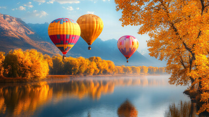 Fototapeta premium Hot air balloons drifting above a tranquil lake surrounded by golden trees