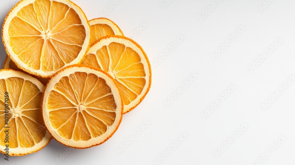 Poster a close up of orange slices on a white background. the slices are cut in half and arranged in a circ