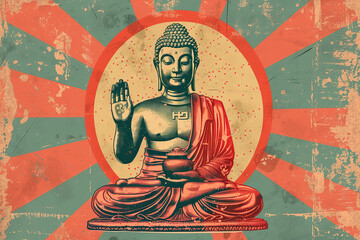 Beautiful greeting card with ancient statue great Buddha to bright holiday composition