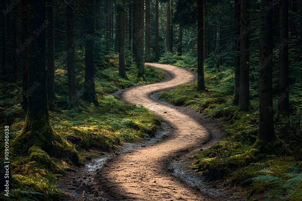 Poster winding path through an enchanting forest during twilight hours