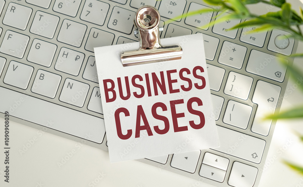 Poster a business case is written on a clipboard that is sitting on a keyboard