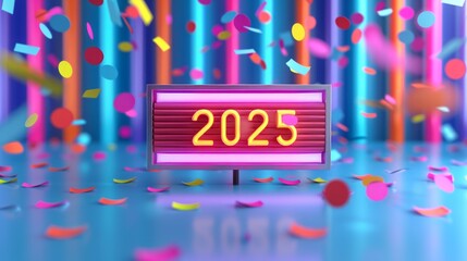 Bright celebration for the year 2025 with confetti.