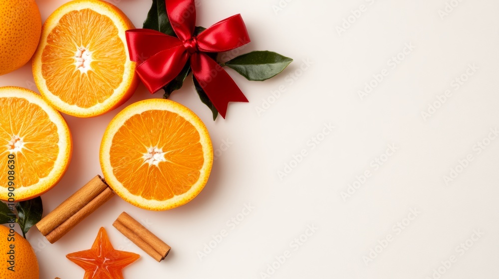 Poster a white background with a red ribbon and three oranges. the oranges are cut in half and placed on th