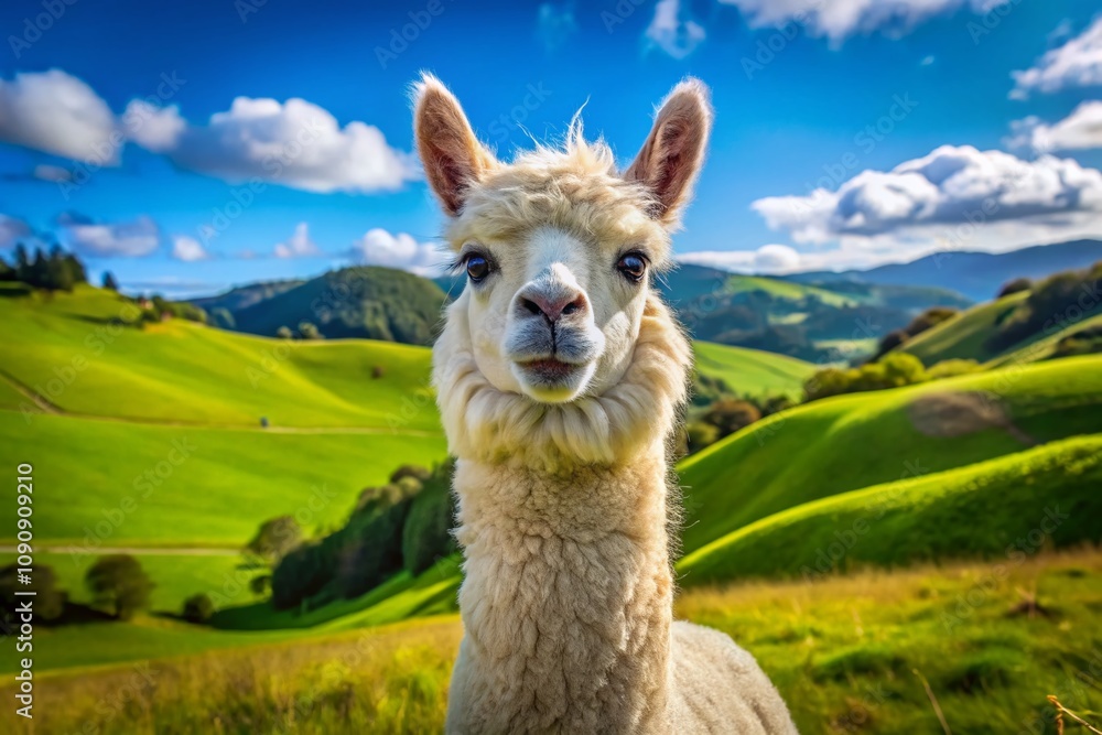 Poster smiling alpaca in a serene pasture setting with ample copy space for text, ideal for nature and anim