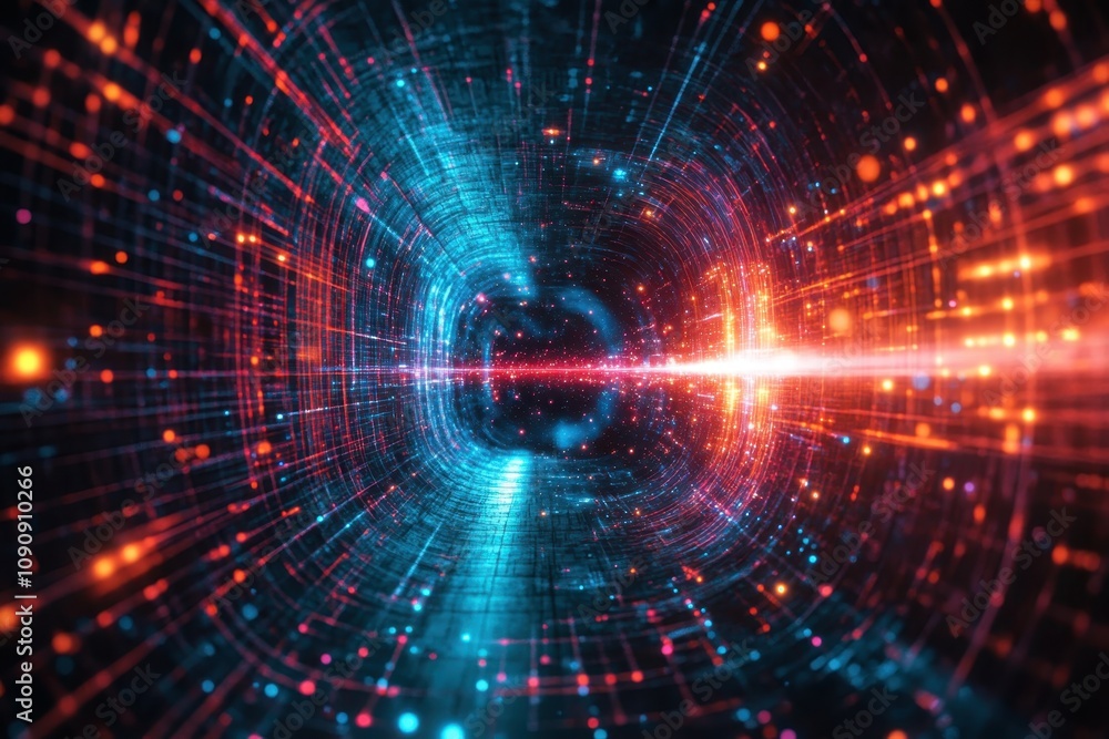 Poster vibrant digital tunnel with glowing particles moving through space and time