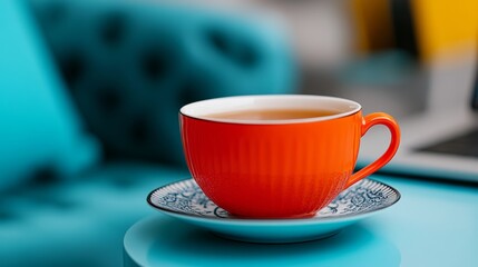 Fototapeta premium A cup of tea sits on a saucer on a table. The cup is orange and the saucer is blue and white