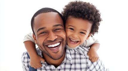 A father giving his child a piggyback ride, both smiling and laughing, isolated on a white background
