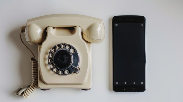 A vintage rotary phone and a modern smartphone side by side, showcasing the evolution of communication technology.
