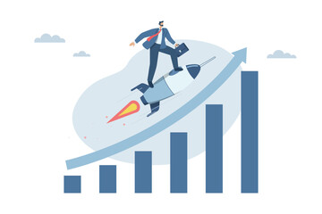 Fototapeta premium Growth or business progress achieves goals beyond expectations, Successful business ideas, Investments that exceed expectations, Businessman riding a rocket up with a high growing bar graph.