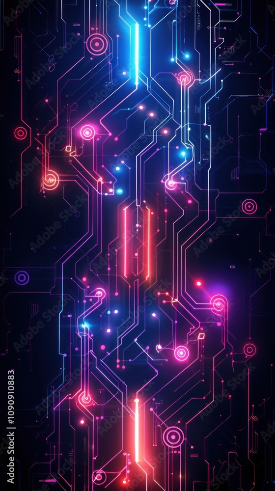 Poster abstract digital circuit board with glowing neon lines and nodes in pink and blue.