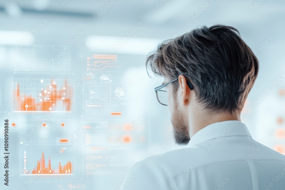 Poster professional male analyst engaged in data visualization and analytics, observing digital charts and 