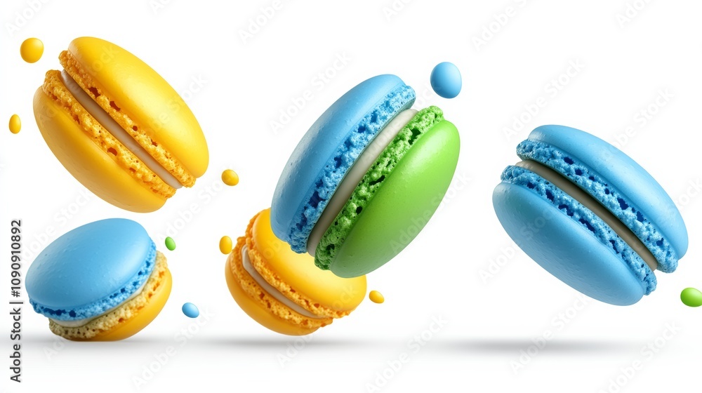 Poster a close up of four different colored macarons, one of which is blue. the macarons are floating in th