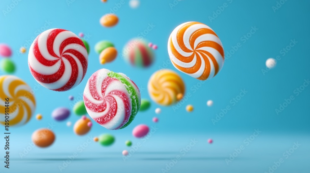 Poster a colorful assortment of candy swirls are flying through the air. the candy is made of sugar and is 